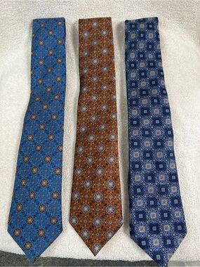 Lot Of 3 VIV 100% Silk Neckties Geometric Pattern Hand Made In Italy Blue Brown